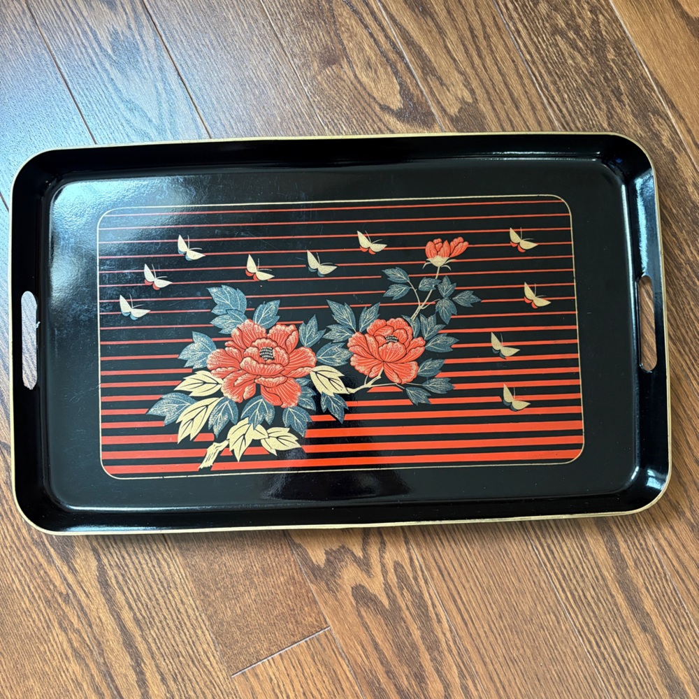 Black & Red Lacquerware Tray Floral Birds 18 3/4 x 11 1/4  1 1/2